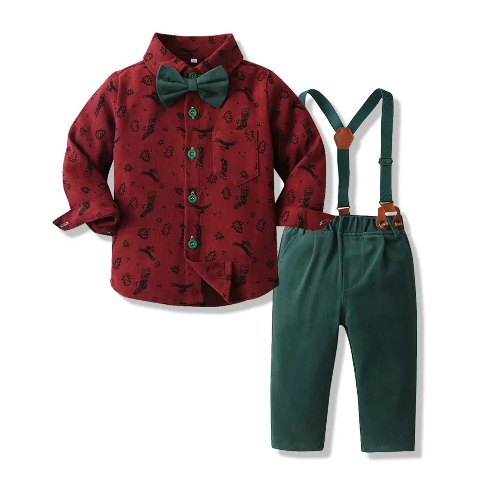 New Foreign Trade Cross-border Autumn Children's Wear Boys' Suit Cotton Long Sleeve Shirt Strap Pants One-year-old Christmas Dress - Image 9