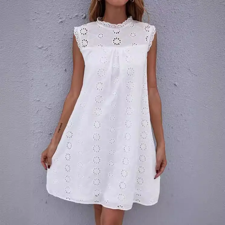 White Lace Crocheted Sleeveless Midi Dress