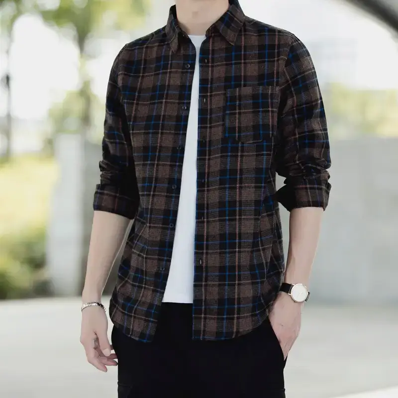 Men's Black Plaid Long Sleeve Cotton Shirt - Image 6