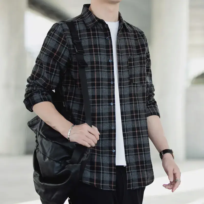 Men's Black Plaid Long Sleeve Cotton Shirt - Image 7