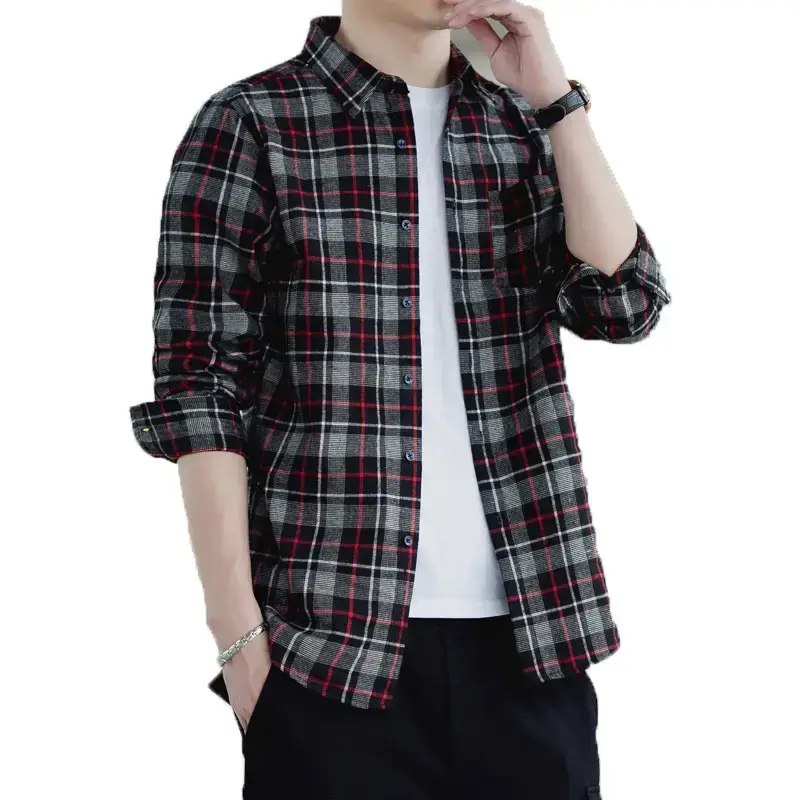 Men's Black Plaid Long Sleeve Cotton Shirt - Image 8