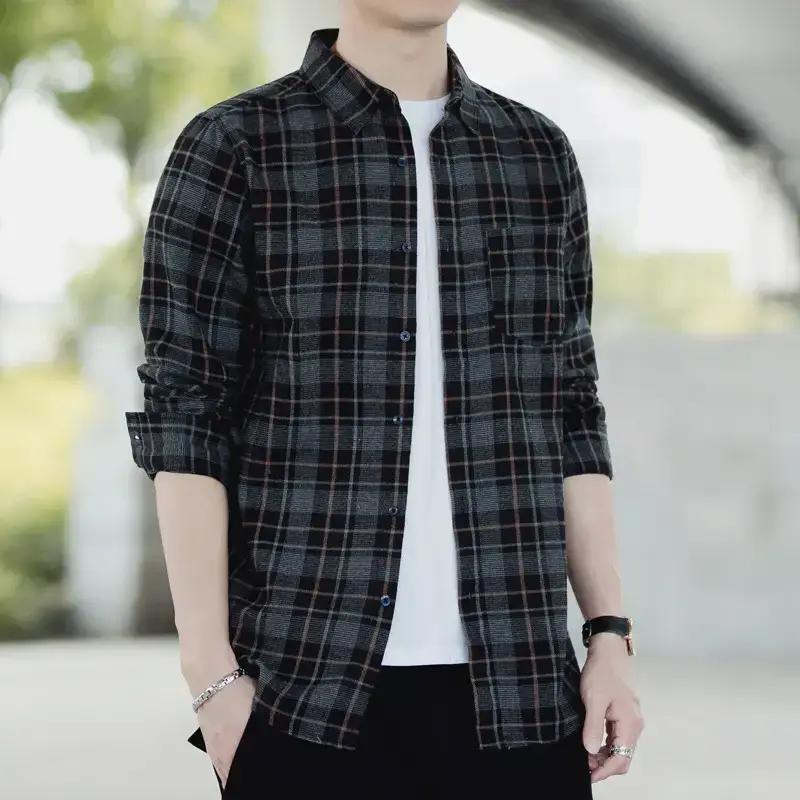 Men's Black Plaid Long Sleeve Cotton Shirt - Image 2