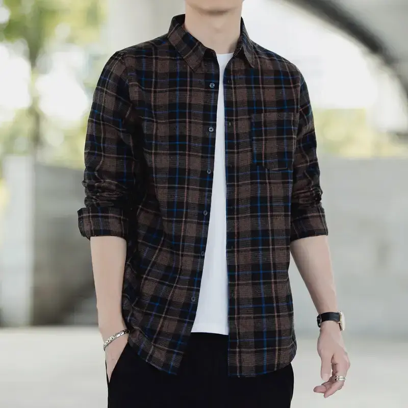 Men's Black Plaid Long Sleeve Cotton Shirt - Image 3