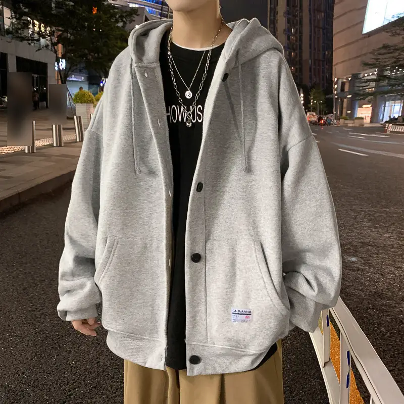 Men Grey Hooded Sweatshirt Long Sleeve Polar Fleece - Image 5