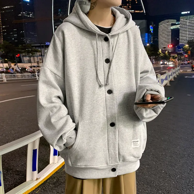 Men Grey Hooded Sweatshirt Long Sleeve Polar Fleece - Image 6