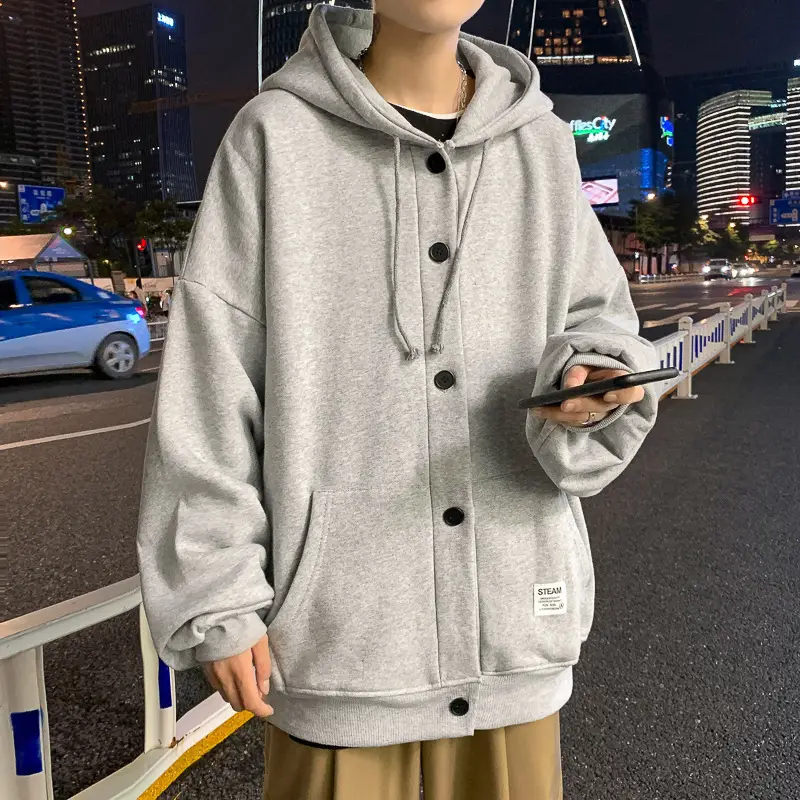 Men Grey Hooded Sweatshirt Long Sleeve Polar Fleece - Image 7