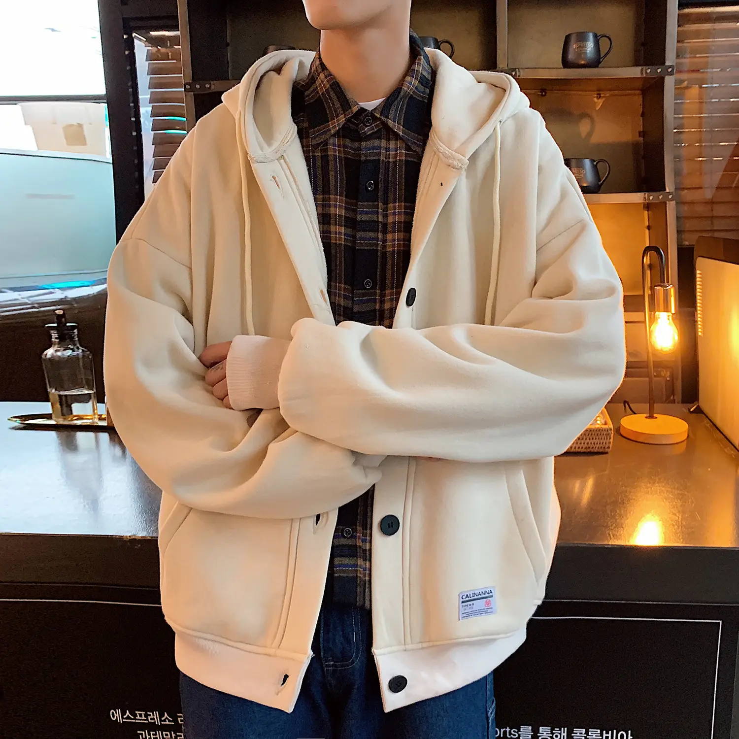 Men Grey Hooded Sweatshirt Long Sleeve Polar Fleece - Image 3