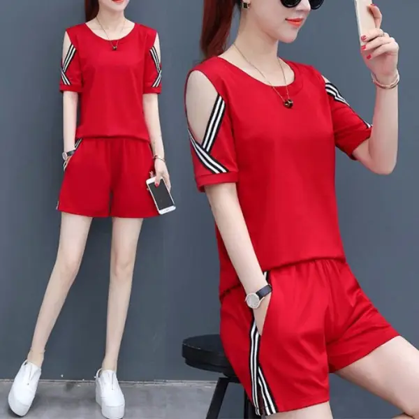 Women 2-Piece Black Cold Shoulder Shorts Set