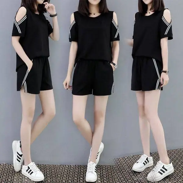 Women 2-Piece Black Cold Shoulder Shorts Set