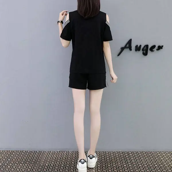 Women 2-Piece Black Cold Shoulder Shorts Set