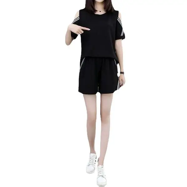 Women 2-Piece Black Cold Shoulder Shorts Set