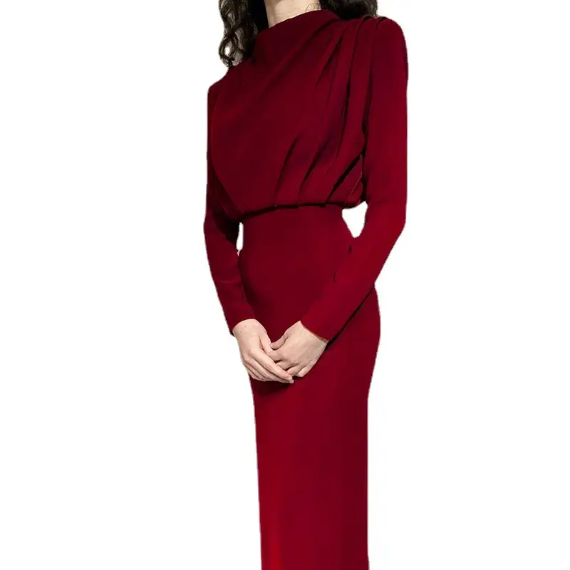 Maroon Long-Sleeve Waist-Cinching Dress for Women - Image 13