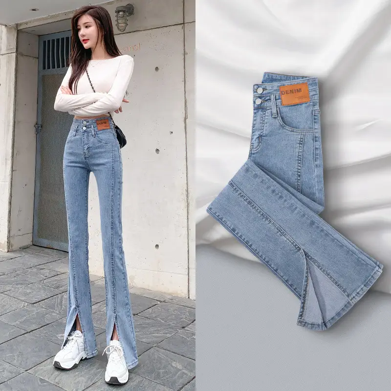 High Waist Stretch Slim Fit Split Micro Jeans Women Light Blue