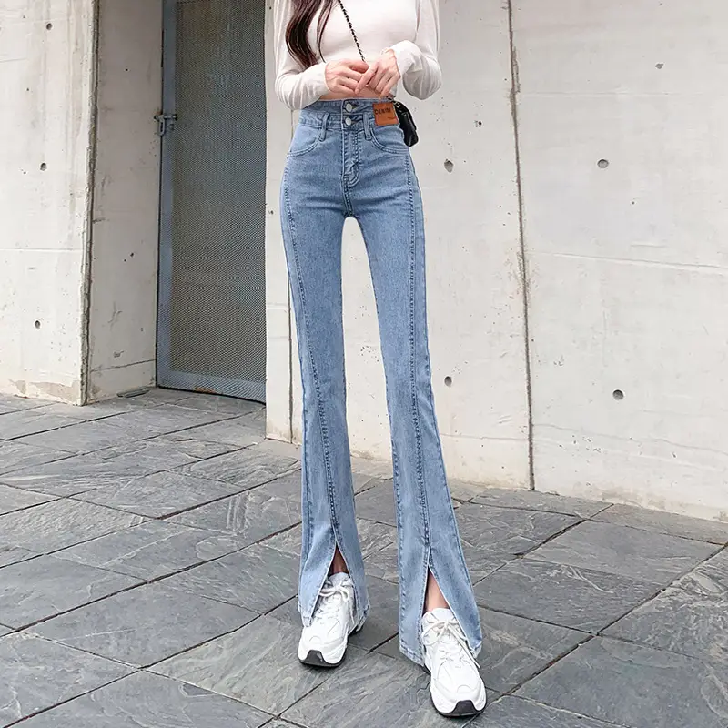 High Waist Stretch Slim Fit Split Micro Jeans Women Light Blue