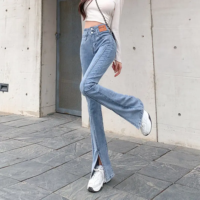 High Waist Stretch Slim Fit Split Micro Jeans Women Light Blue