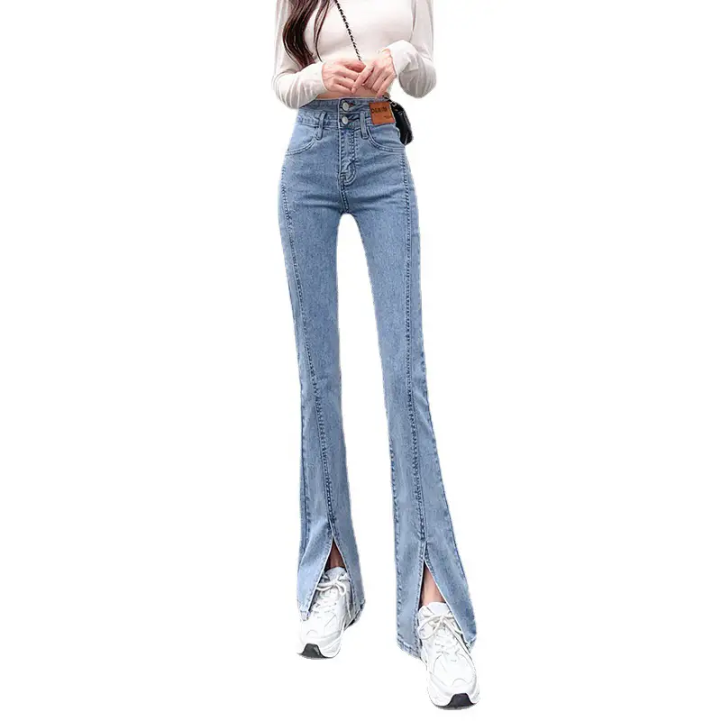 High Waist Stretch Slim Fit Split Micro Jeans Women Light Blue