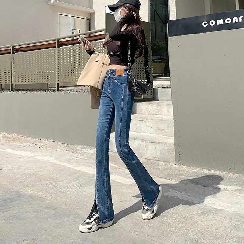 High Waist Stretch Slim Fit Split Micro Jeans Women Light Blue