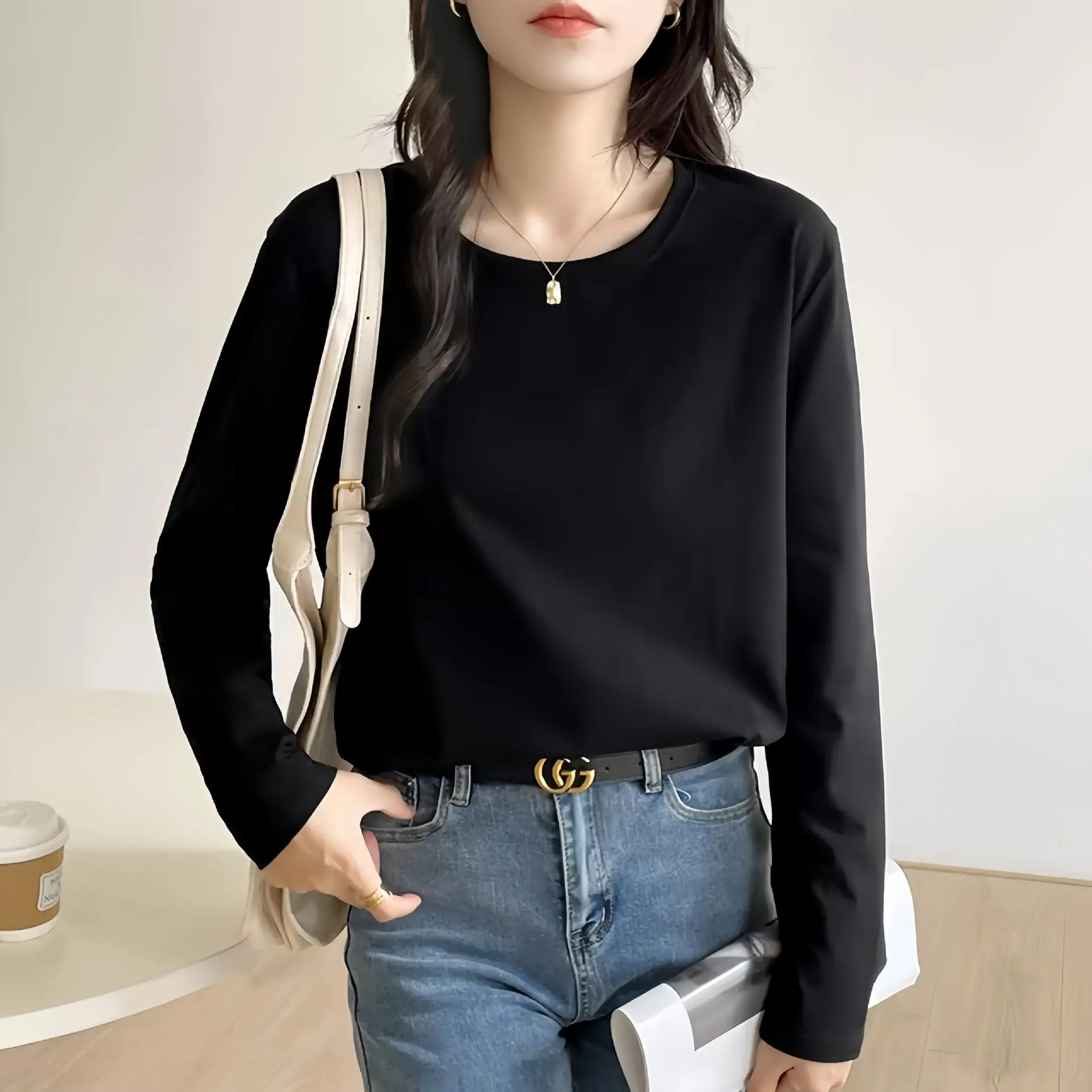Pure Cotton Long Sleeve T-Shirt Women Black - Image 2