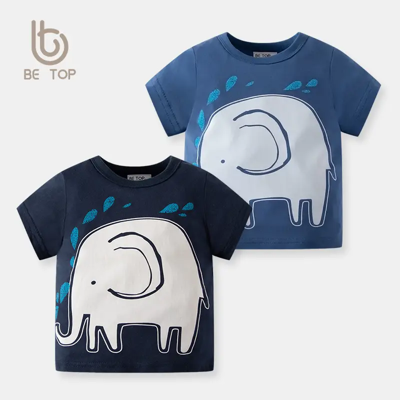 Cartoon Elephant Print Short Sleeve Kids T-Shirt Navy White - Image 3