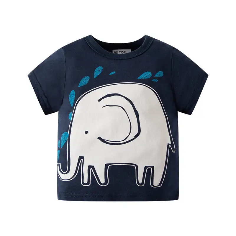 Cartoon Elephant Print Short Sleeve Kids T-Shirt Navy White