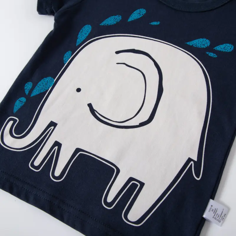 Cartoon Elephant Print Short Sleeve Kids T-Shirt Navy White - Image 4