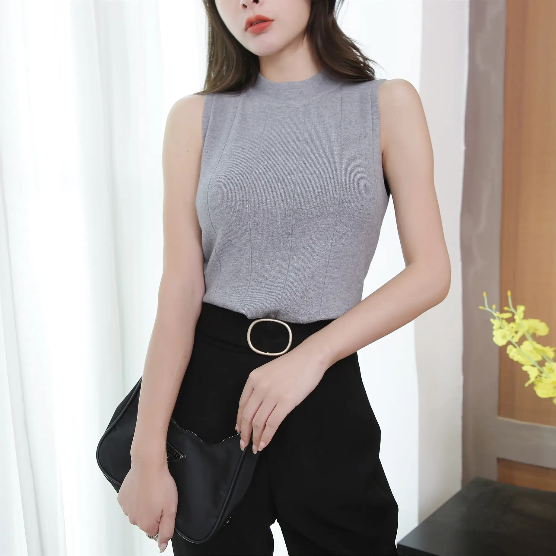 Women's Grey Sleeveless Knit Top with High Neck - Image 7