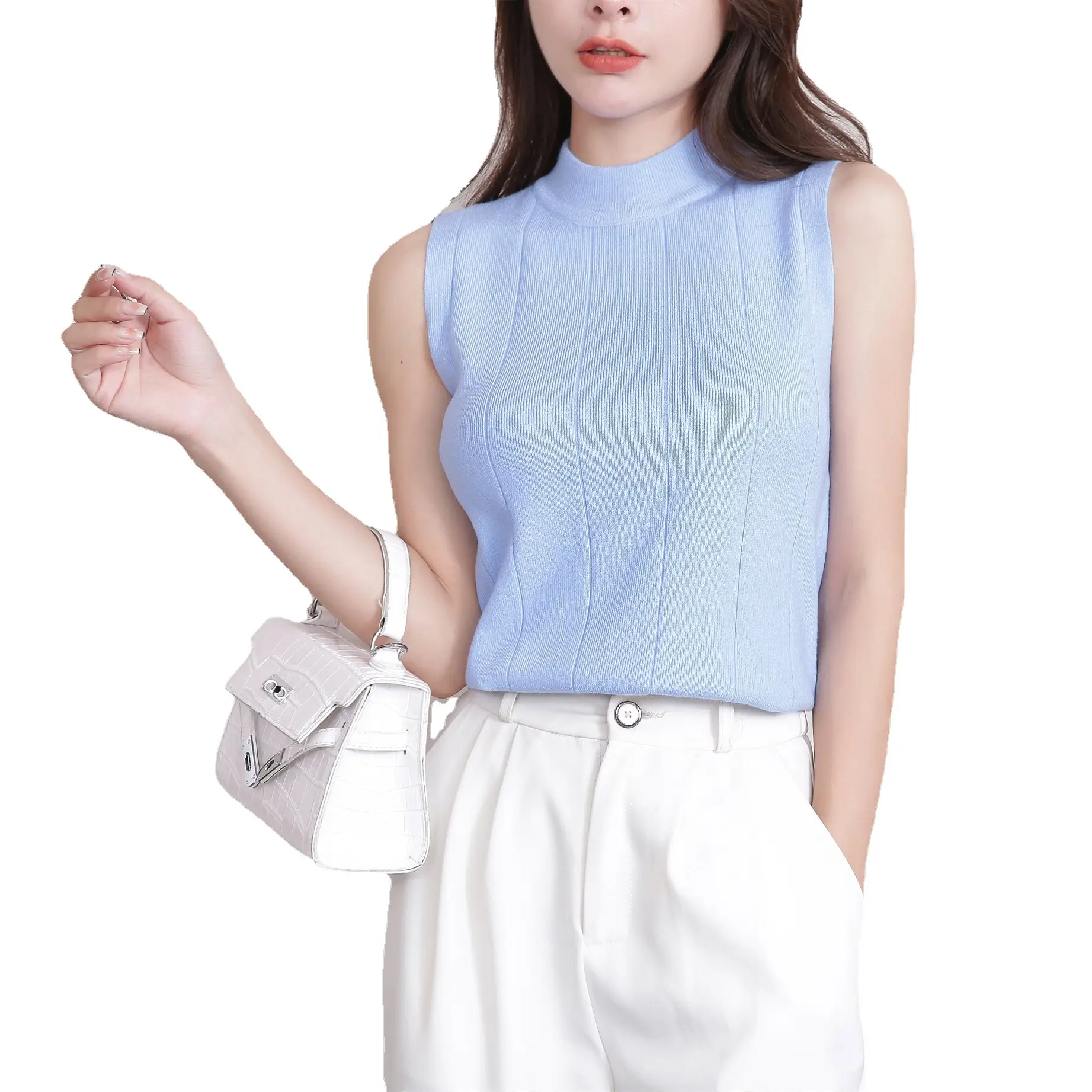 Women's Grey Sleeveless Knit Top with High Neck - Image 9