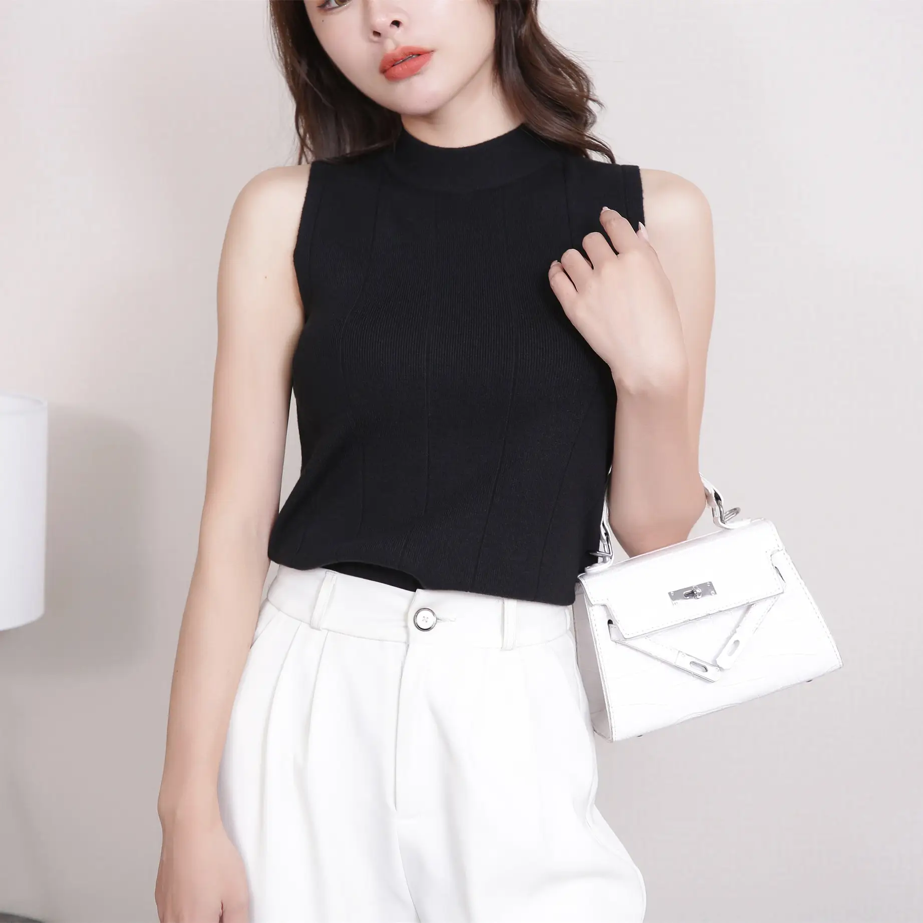 Women's Grey Sleeveless Knit Top with High Neck - Image 3