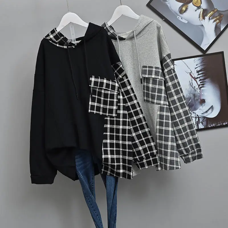 Women Plaid Hooded Sweatshirt Set Grey Checkered Extra Large - Image 3