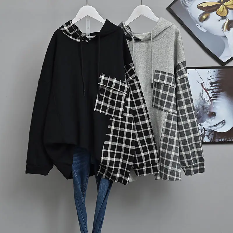 Women Plaid Hooded Sweatshirt Set Grey Checkered Extra Large - Image 4