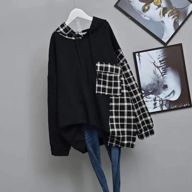 Women Plaid Hooded Sweatshirt Set Grey Checkered Extra Large - Image 6