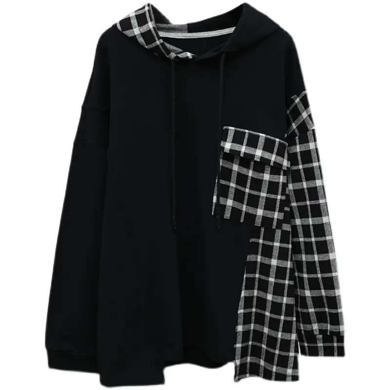 Women Plaid Hooded Sweatshirt Set Grey Checkered Extra Large - Image 7