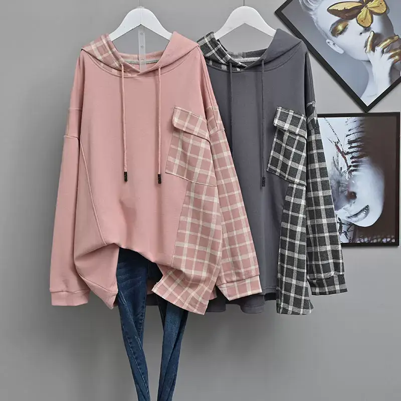 Women Plaid Hooded Sweatshirt Set Grey Checkered Extra Large — feature 10