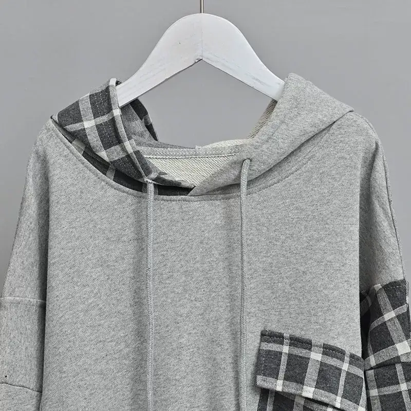 Women Plaid Hooded Sweatshirt Set Grey Checkered Extra Large — feature 12