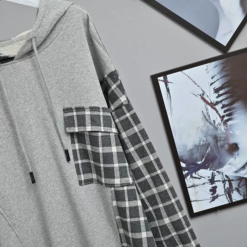 Women Plaid Hooded Sweatshirt Set Grey Checkered Extra Large — feature 13