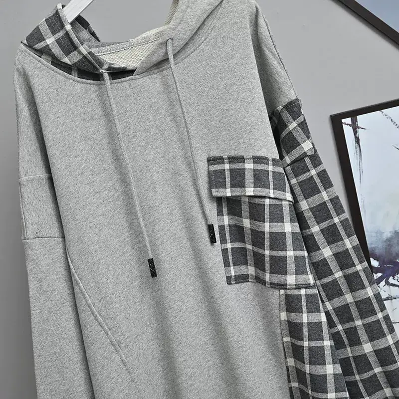 Women Plaid Hooded Sweatshirt Set Grey Checkered Extra Large — feature 14