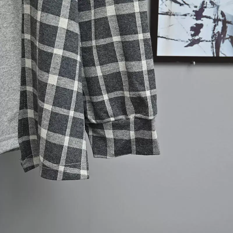 Women Plaid Hooded Sweatshirt Set Grey Checkered Extra Large — feature 15