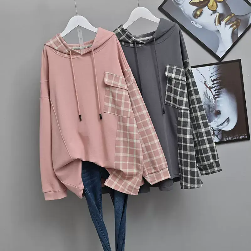 Women Plaid Hooded Sweatshirt Set Grey Checkered Extra Large — feature 2
