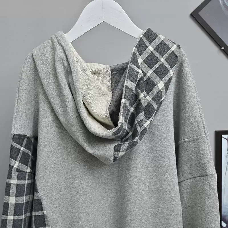 Women Plaid Hooded Sweatshirt Set Grey Checkered Extra Large — feature 21