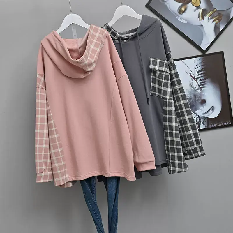 Women Plaid Hooded Sweatshirt Set Grey Checkered Extra Large — feature 3