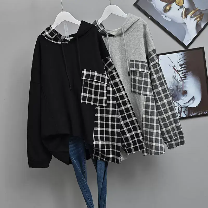 Women Plaid Hooded Sweatshirt Set Grey Checkered Extra Large — feature 4