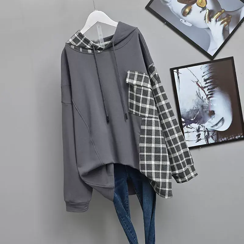 Women Plaid Hooded Sweatshirt Set Grey Checkered Extra Large — feature 5