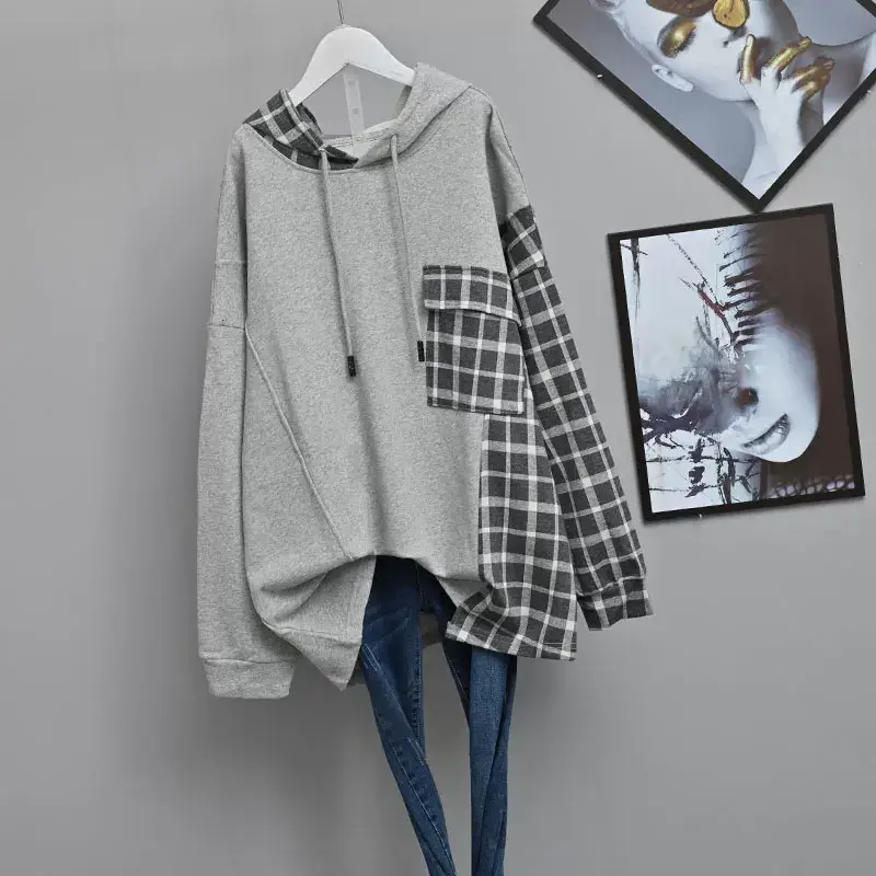 Women Plaid Hooded Sweatshirt Set Grey Checkered Extra Large — feature 6