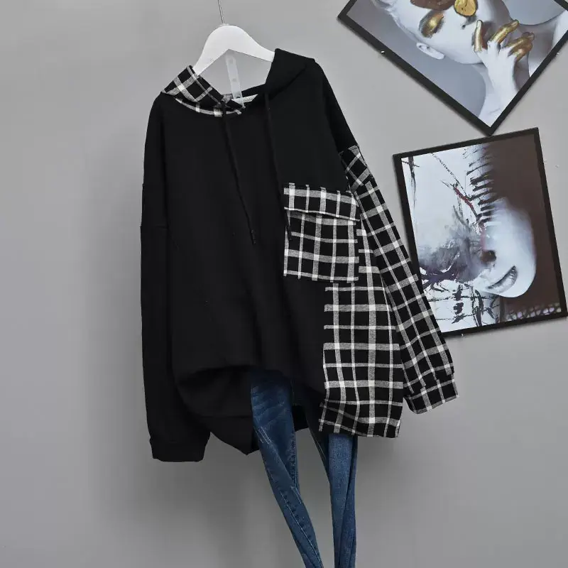 Women Plaid Hooded Sweatshirt Set Grey Checkered Extra Large — feature 7