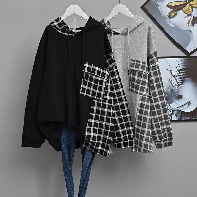 Women Plaid Hooded Sweatshirt Set Grey Checkered Extra Large — feature 8