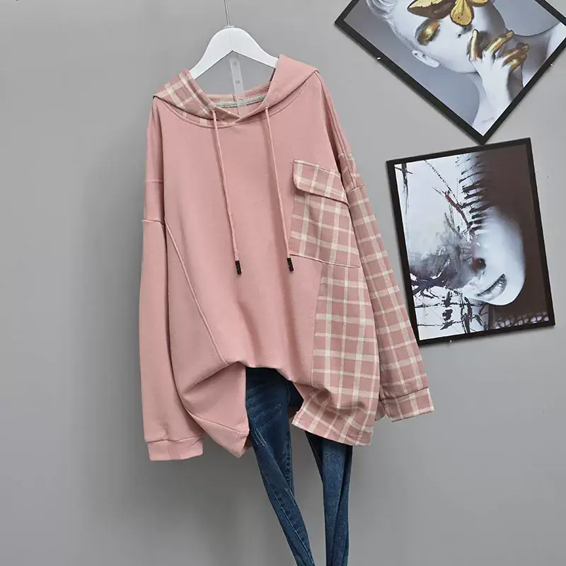 Women Plaid Hooded Sweatshirt Set Grey Checkered Extra Large — feature 9