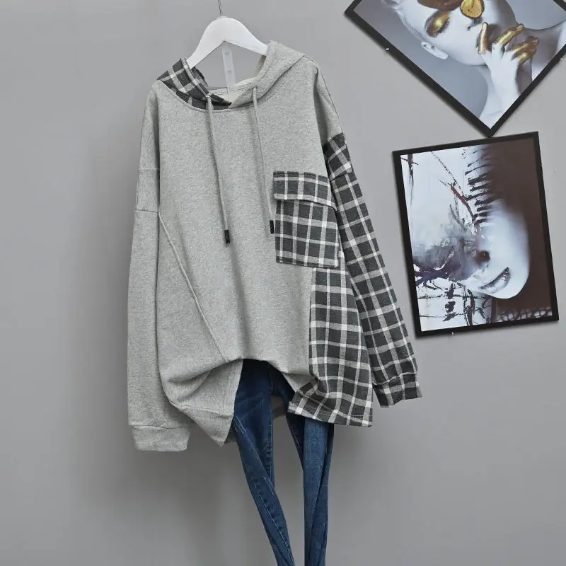 Women Plaid Hooded Sweatshirt Set Grey Checkered Extra Large - Image 2