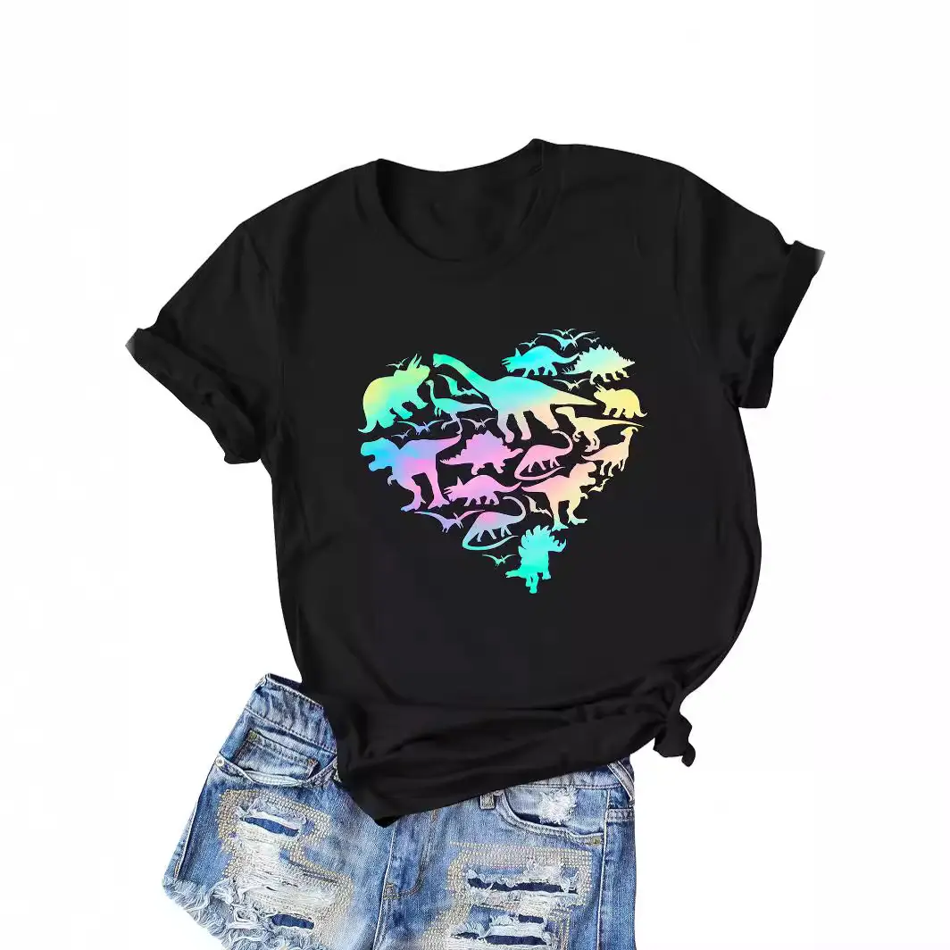 Women Cotton Dinosaur Heart Print T-Shirt Black - Image 2