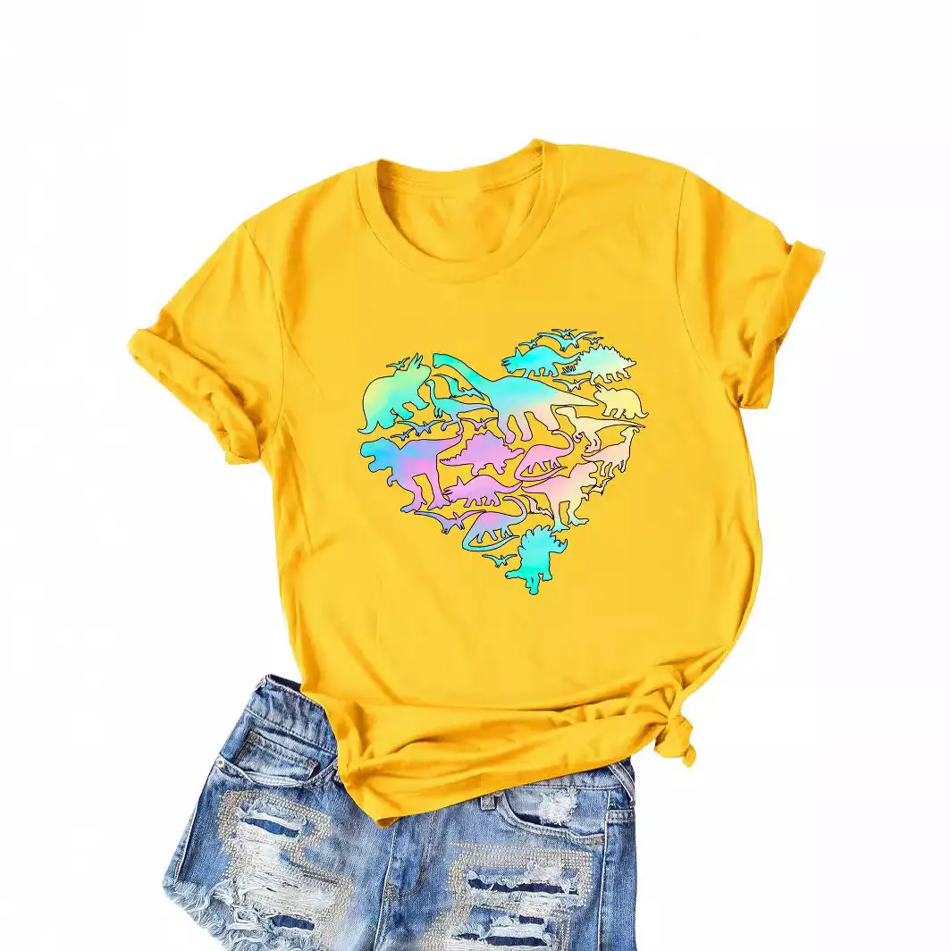 Women Cotton Dinosaur Heart Print T-Shirt Black - Image 3