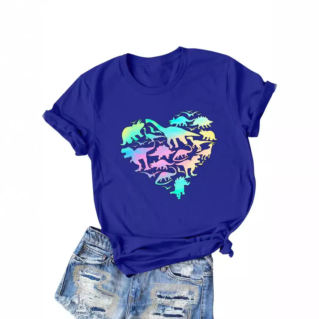 Women Cotton Dinosaur Heart Print T-Shirt Black - Image 4